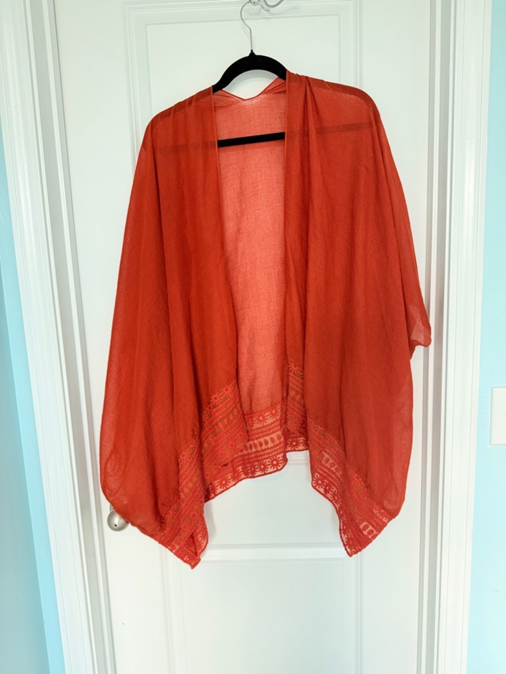 Boho Sheer Orange Kimono Lace Trim Open Front Festival Beach Cover Up One Size